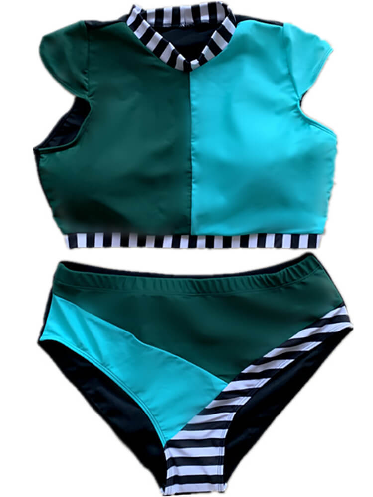 Two Piece Sleeveless Color Block Striped Swimsuit