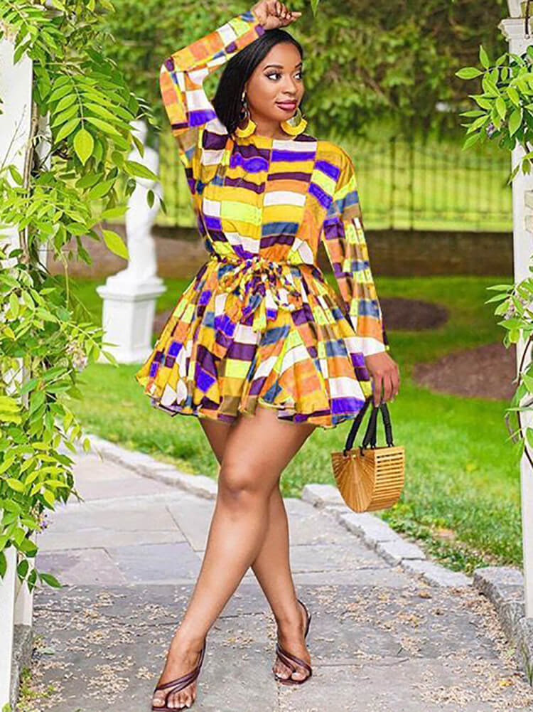 Long Sleeve Color Block Mini Dresses