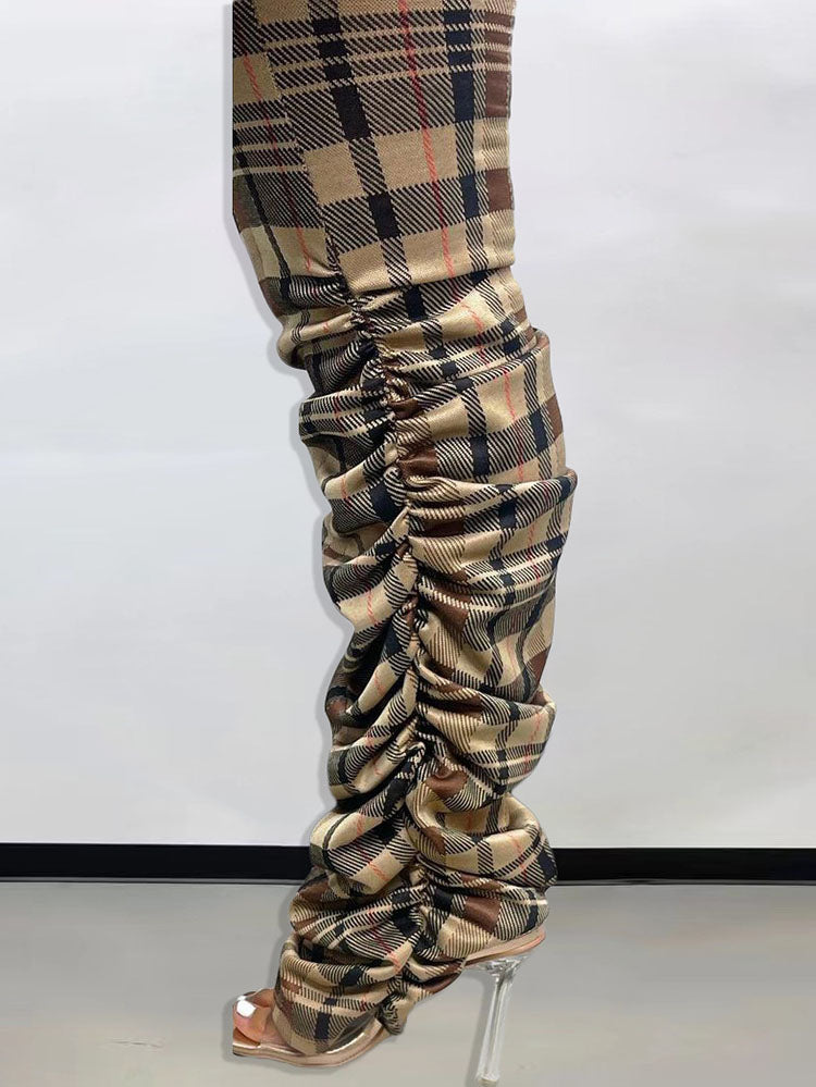 Long Sleeves Plaid Print Zipper Jumpsuits