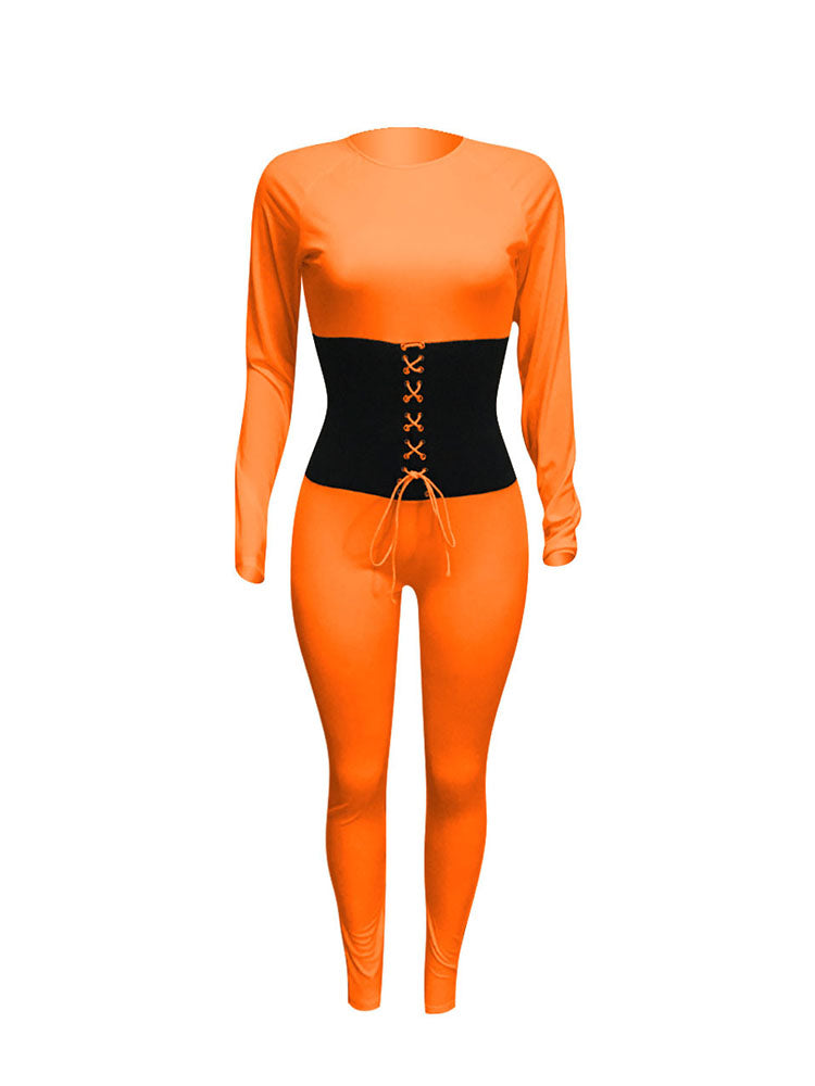 Long Sleeves Color Block Tie Up Jumpsuits