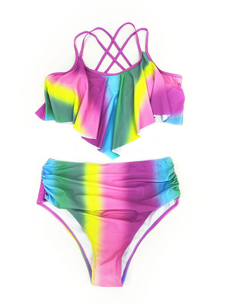 Two Piece Tie Dye Asymmetrical Swimsuits