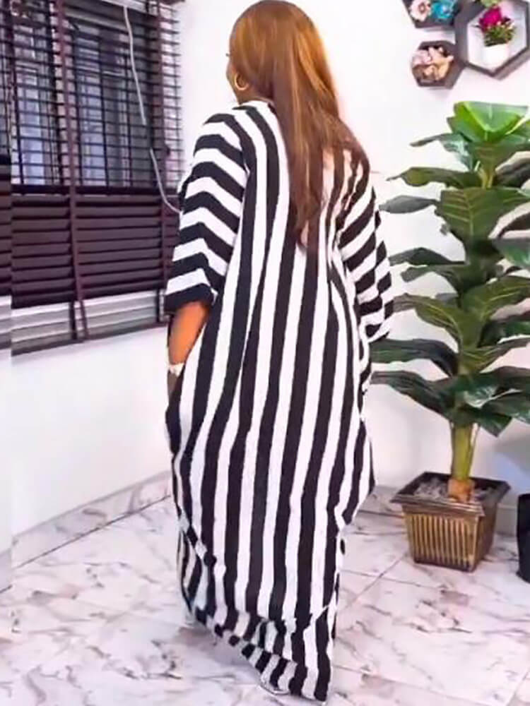 Long Sleeve Striped Split Maxi Dresses