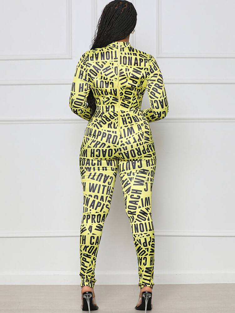 Long Sleeve Letter Print Bodycon Jumpsuits