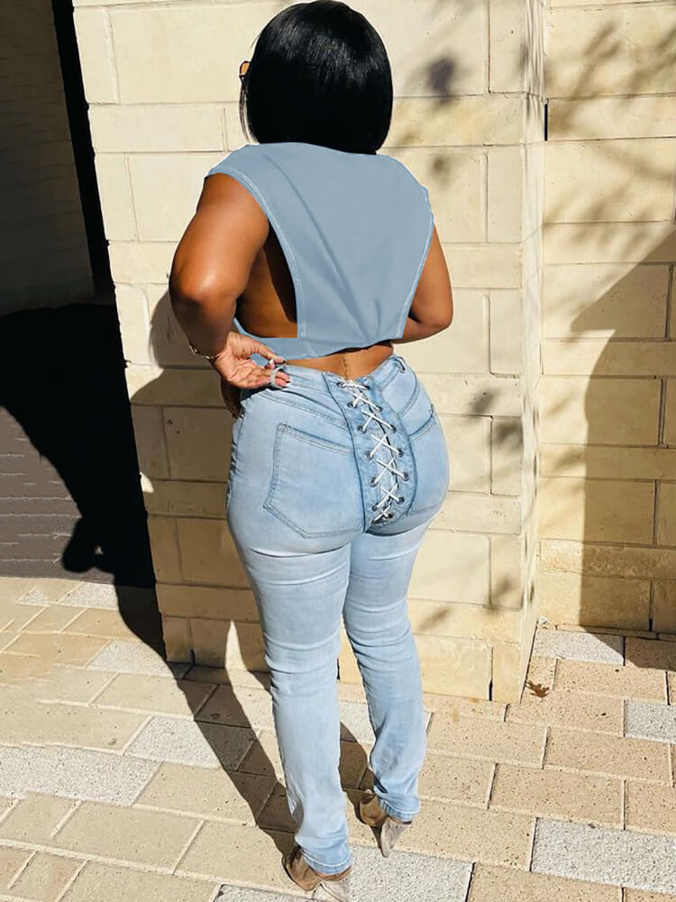 Denim Sleeveless Button Down Crop Tops