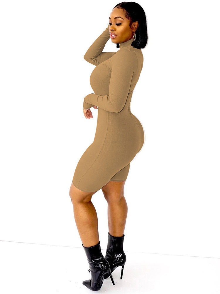 Long Sleeve Bodycon High Neck Ribbed Knit Jumpsuit