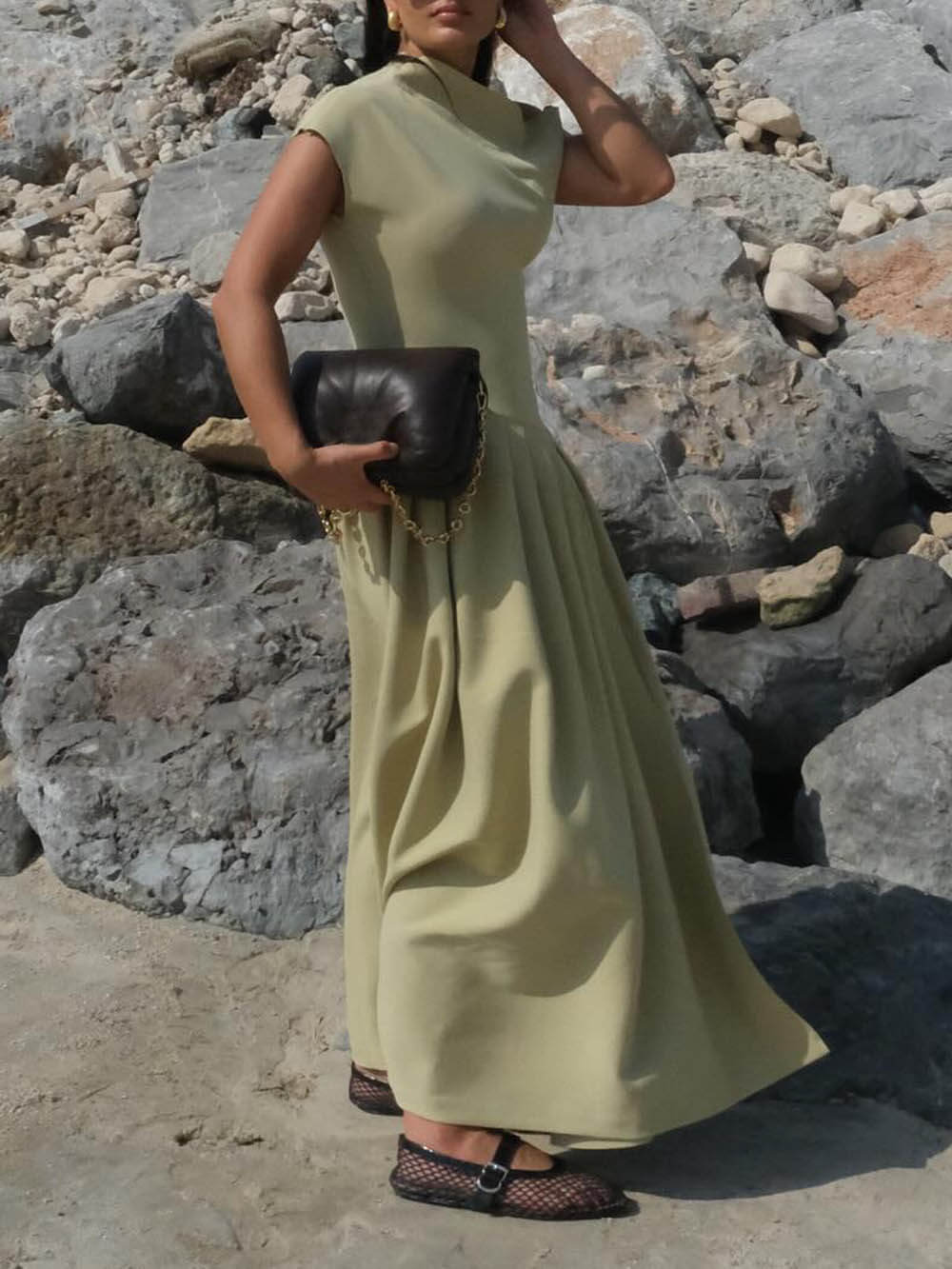 Elegant Slope Neck Slim Fit Large Hem Maxi Dress