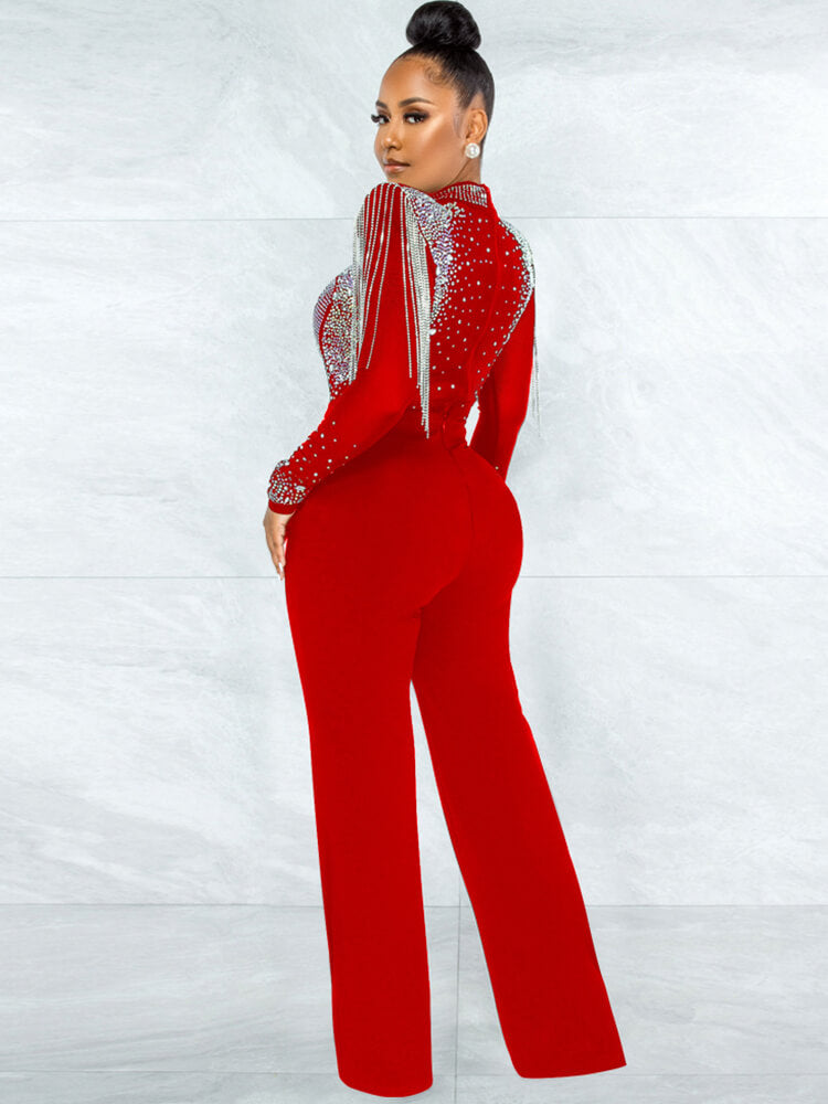 Mesh Long Sleeve Sequins Fringe jumpsuits