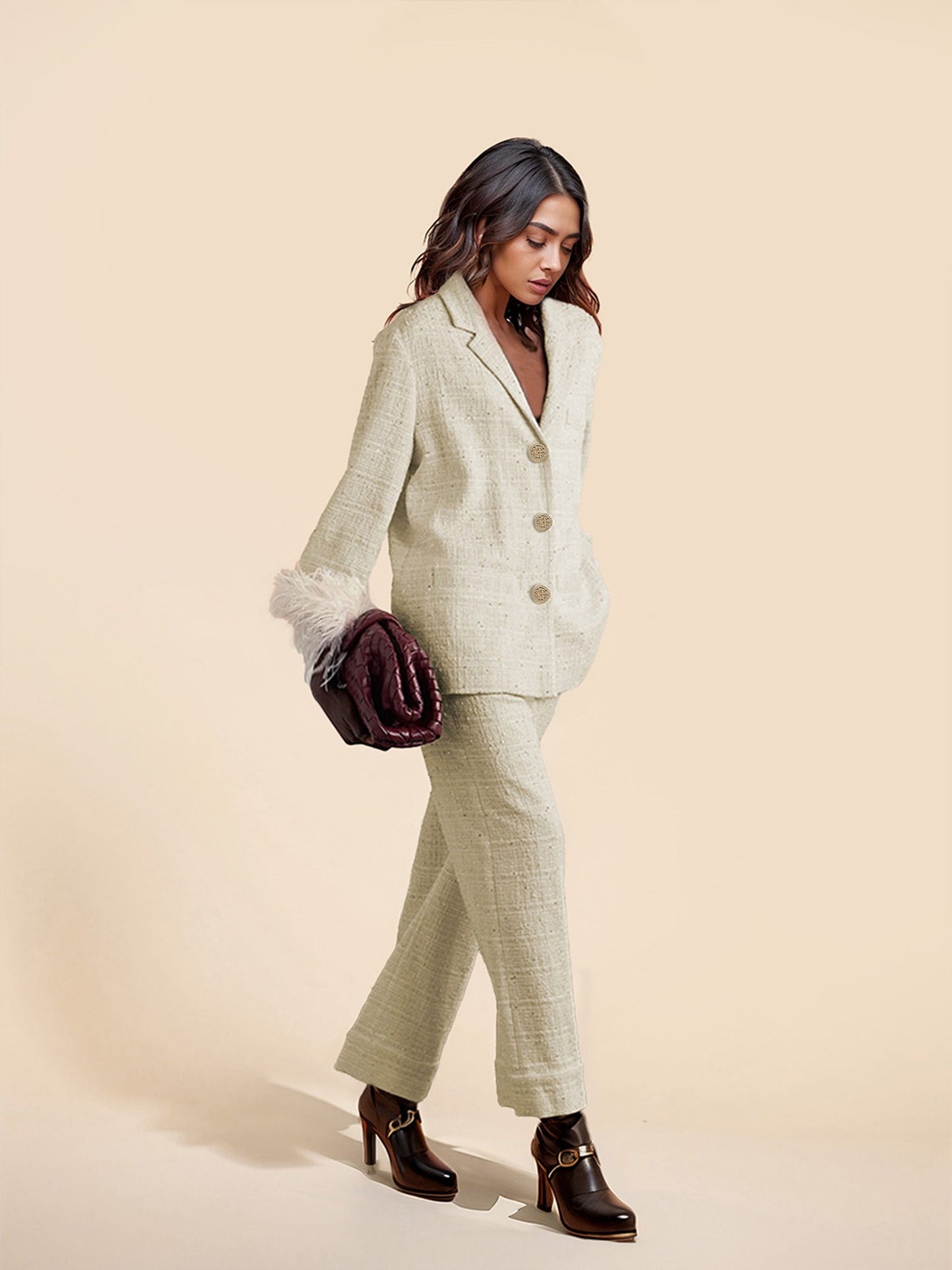 Elegant Tweed Pocket Wide Leg Pants