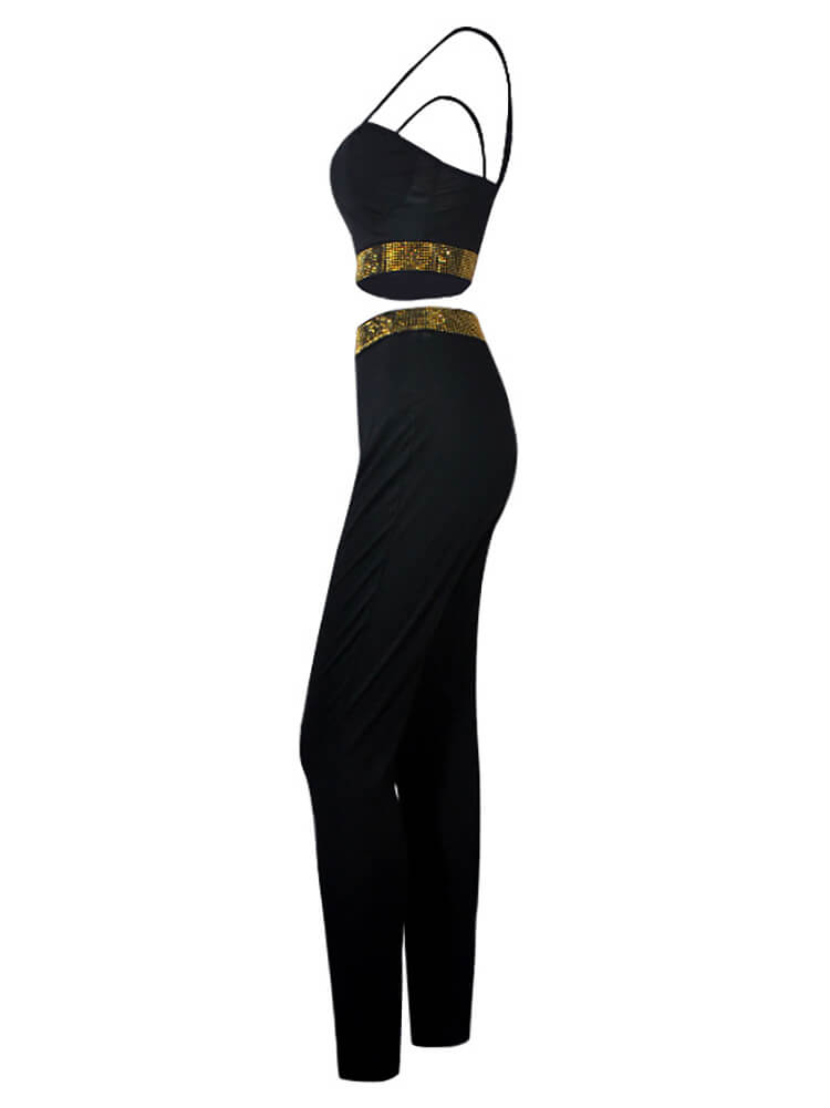 Two Piece Sleeveless Rhinestone Patchwork Pant Suits