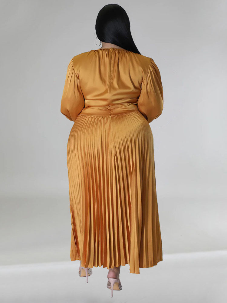 Long Sleeve Pleated Satin Plus Size Maxi Dresses
