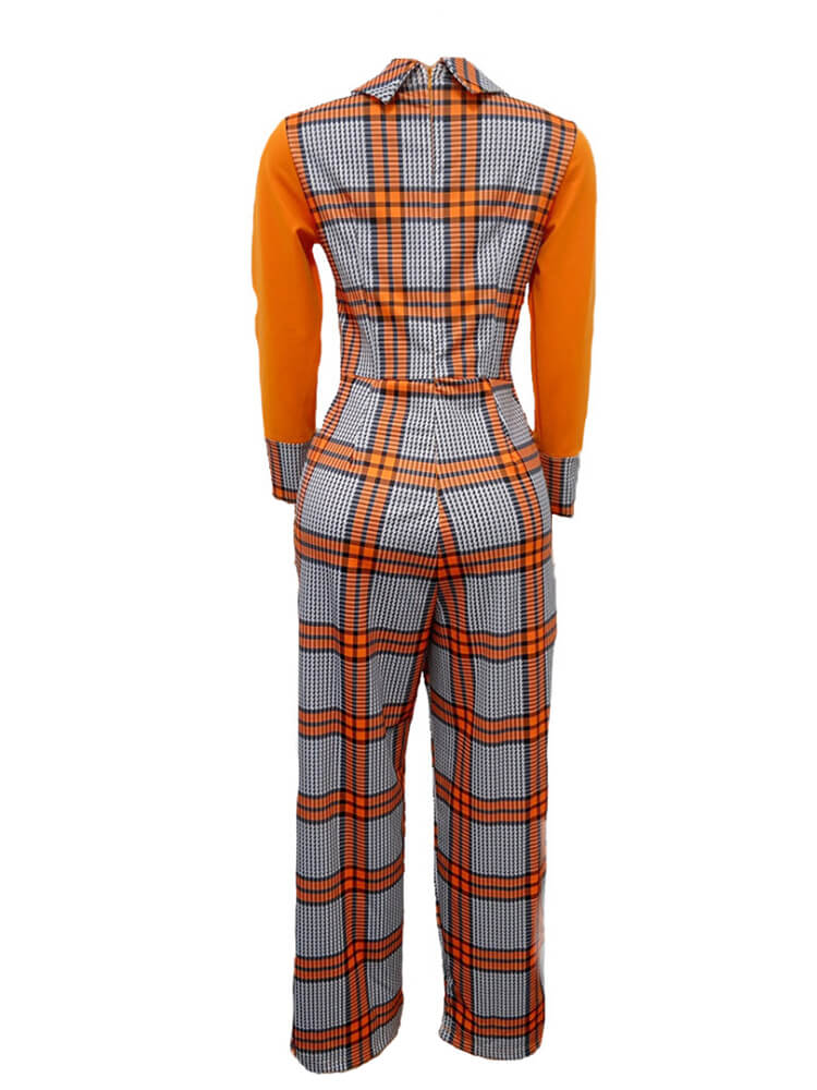 Long Sleeve Plaid Color Block Wide Leg Jumpsuit