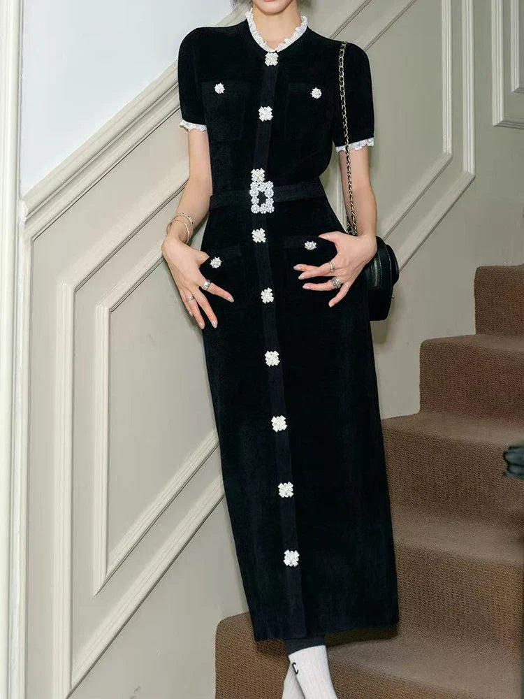 Embellished Short-Sleeve Knit Midi Dress