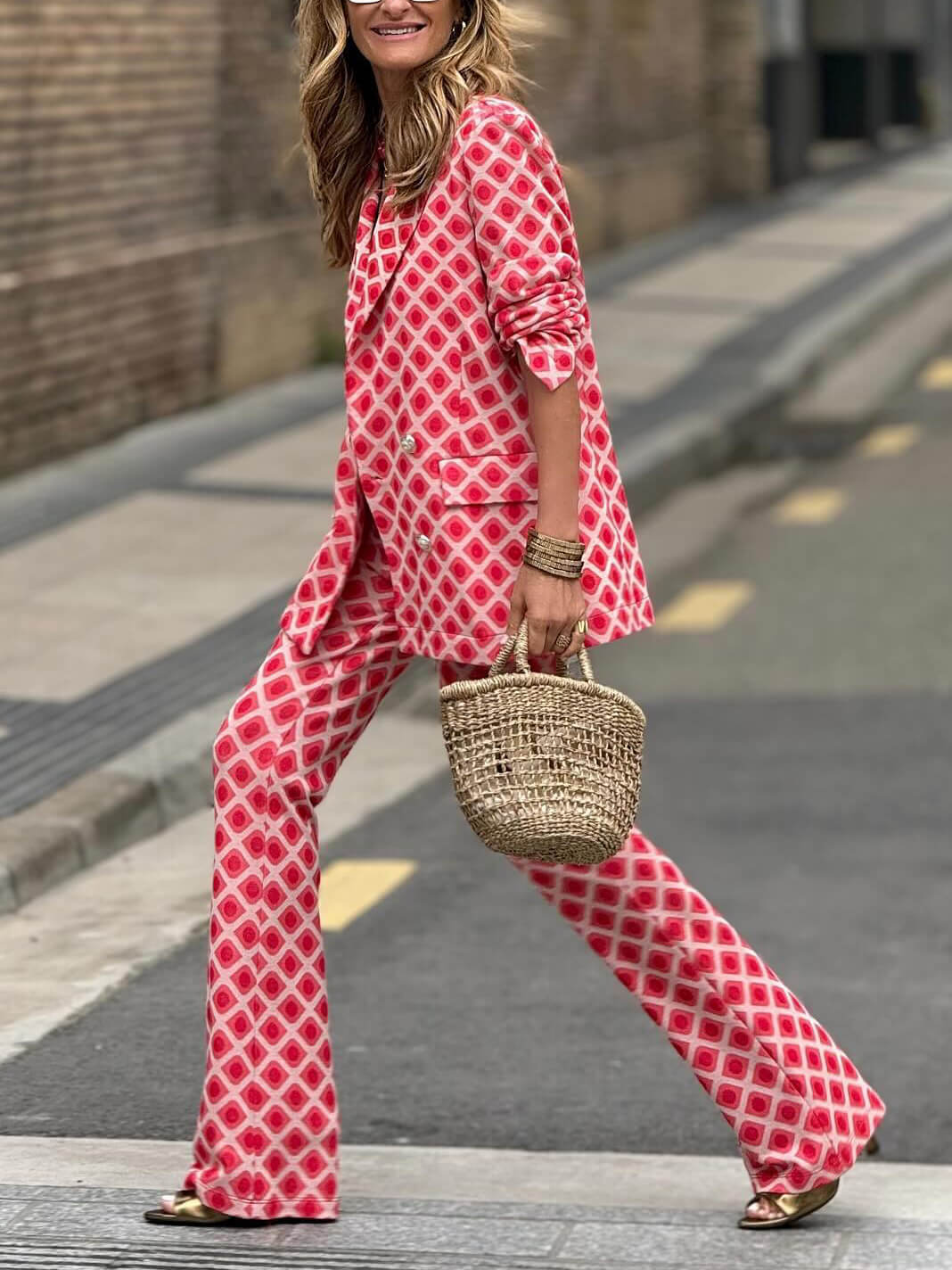 Casual Geometric Print Long Sleeve Pocket Blazer