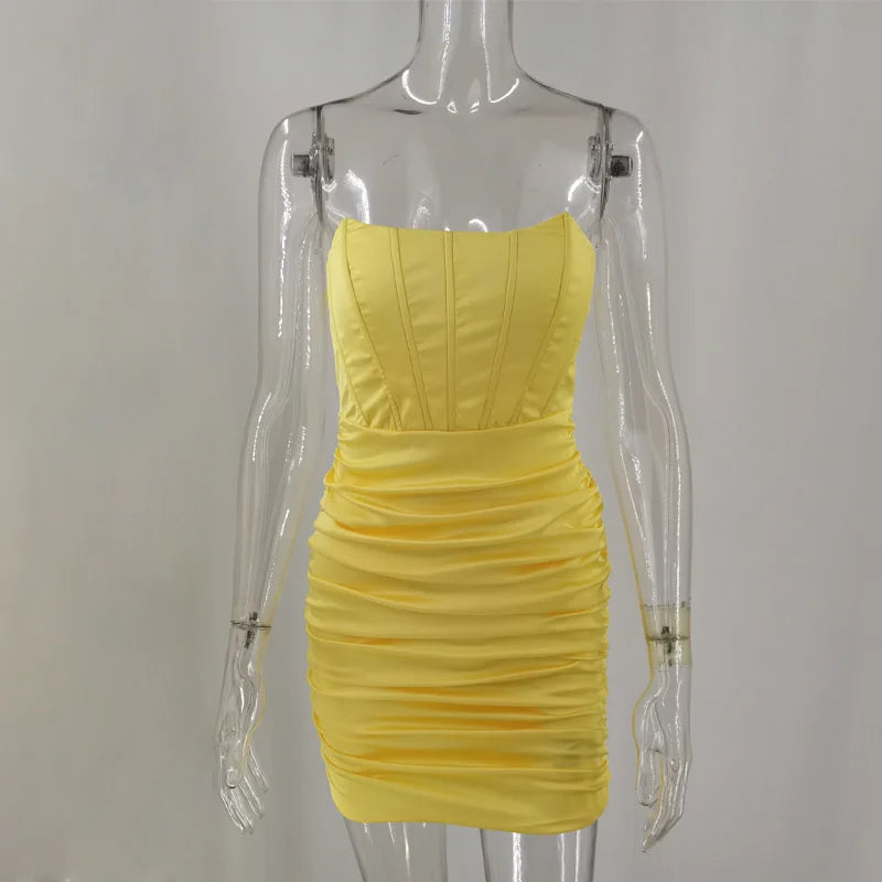 Strapless Satin Ruched Mini Dress with Side Zipper