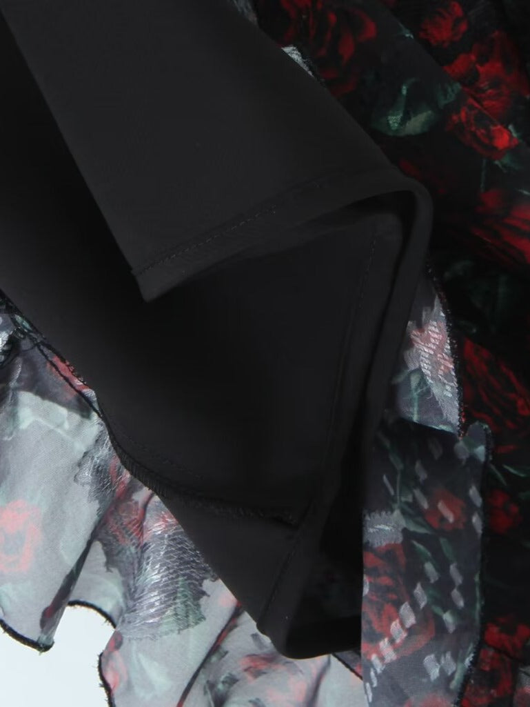 Vintage Satin Rose Print Sexy V-Neck Slit Maxi Dress