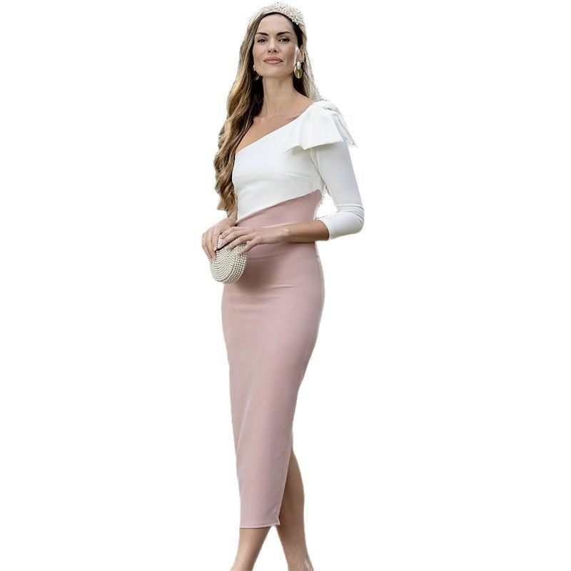 Slant Collar Color-Blocked Bow Hip Dress