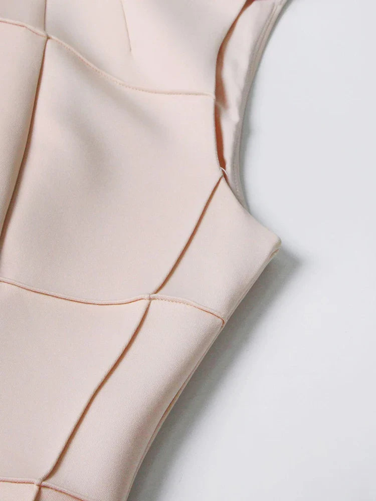 Apricot Patchwork Pleated Dress | O Neck Sleeveless A-Line Gown