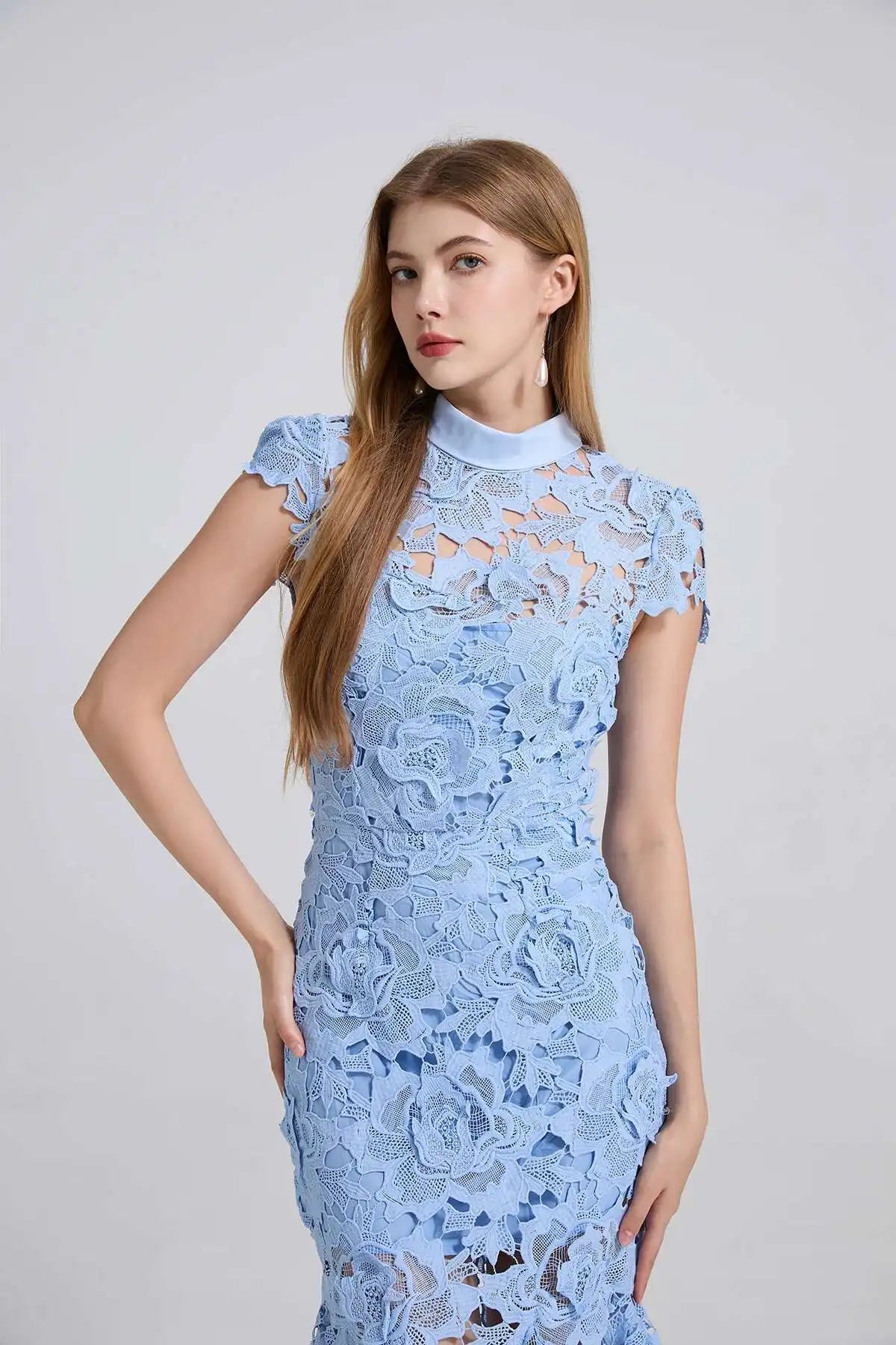 Embroidered Lace Mermaid Dress – Elegant Formal Fishtail Gown with Short Sleeves