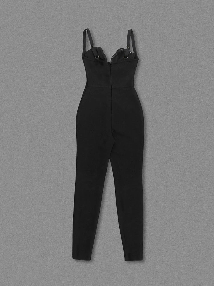 Black Deep V Neck Bandage Jumpsuit | Slim Pencil Pants