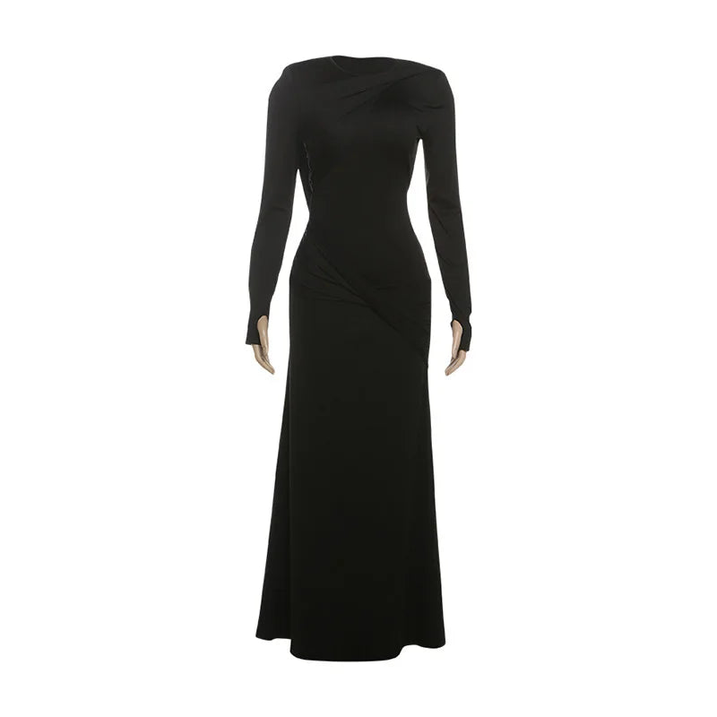 O-neck Pleated Full Sleeve Maxi Dress