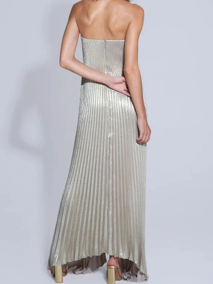 Strapless Glitter Pleated Dress | Slim High Waist A-Line Gown