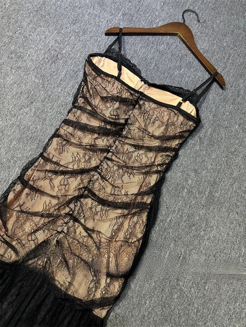 Black Lace Mesh Bodycon Gown with Sheer Overlay