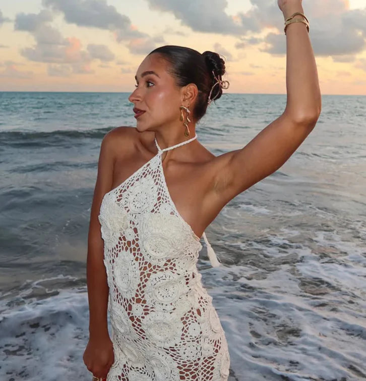 White Crochet Halter Backless Beach Maxi Dress