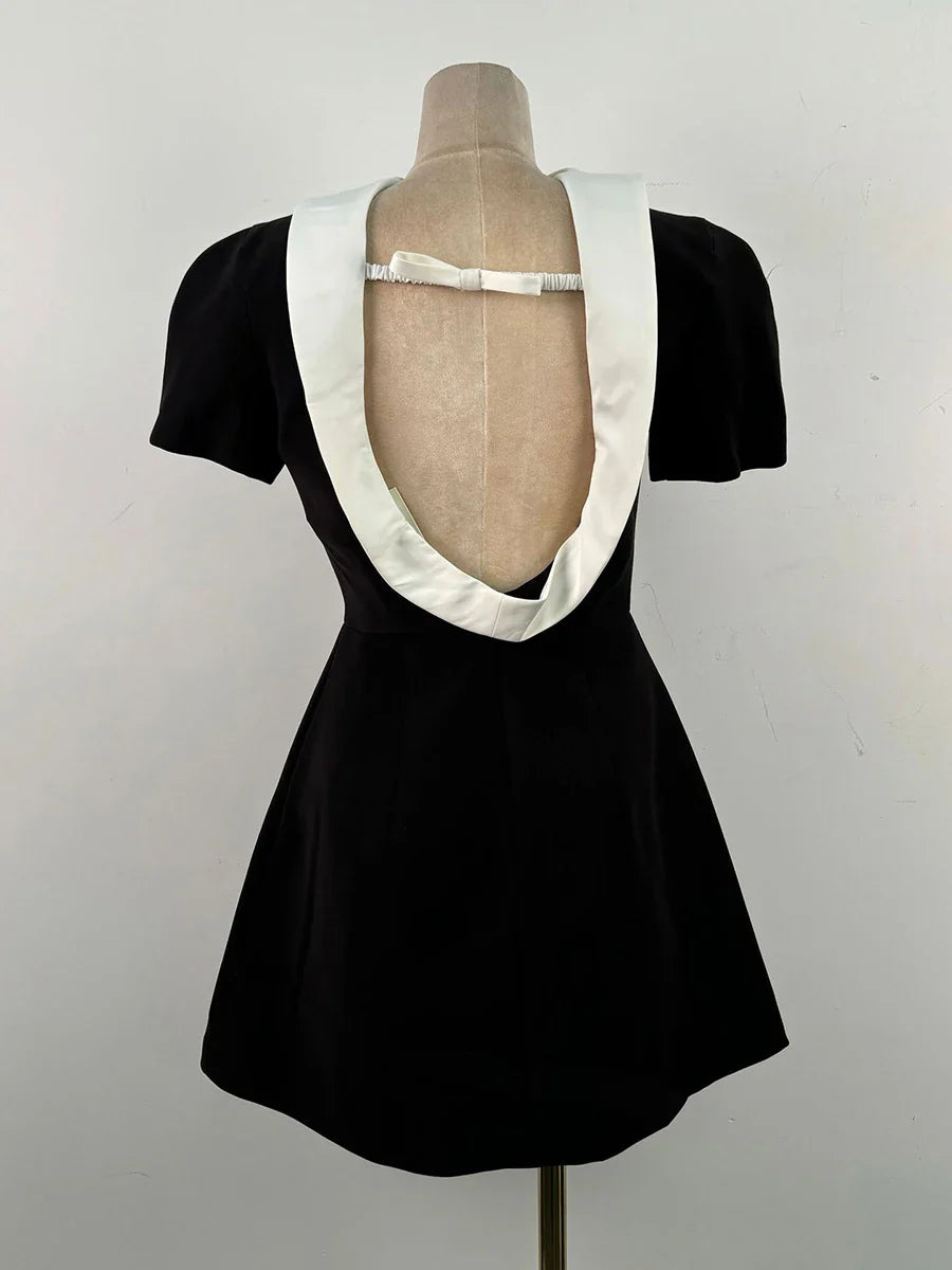Black Velvet Short Sleeve Satin Trim Mini Dress