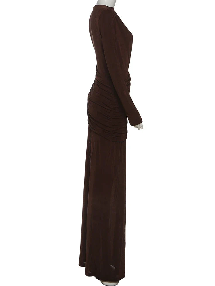 Blush Pink Ruched Drape Maxi Dress | Long Sleeve Formal Gown