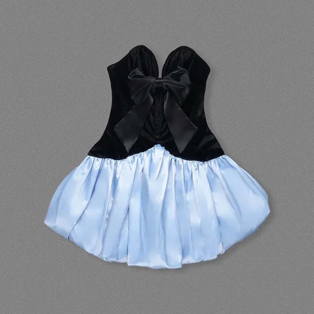 Velvet Bow Puff Hem Mini Dress | Blue Strapless Party Edit