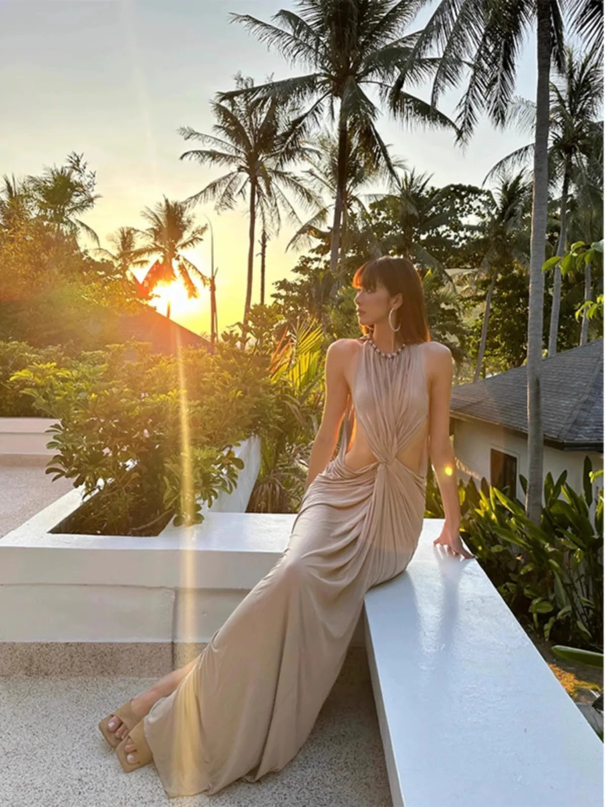 Tropical Goddess Beige Draped Halter Dress – Ankle-Length Resort Luxe