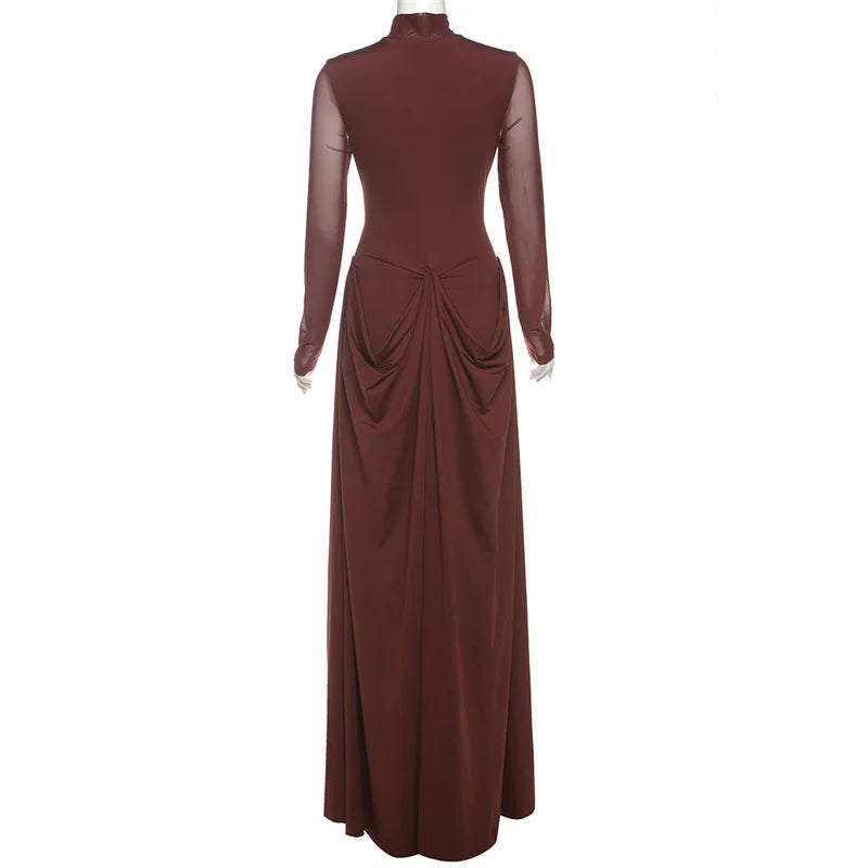 Brown Turtleneck Long Sleeve Mesh Cut Out Maxi Wrap Dress