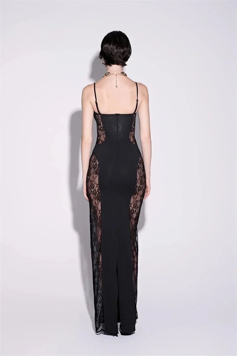 Black Lace Ankle Gown | Slash Neck Sheath Event Dress