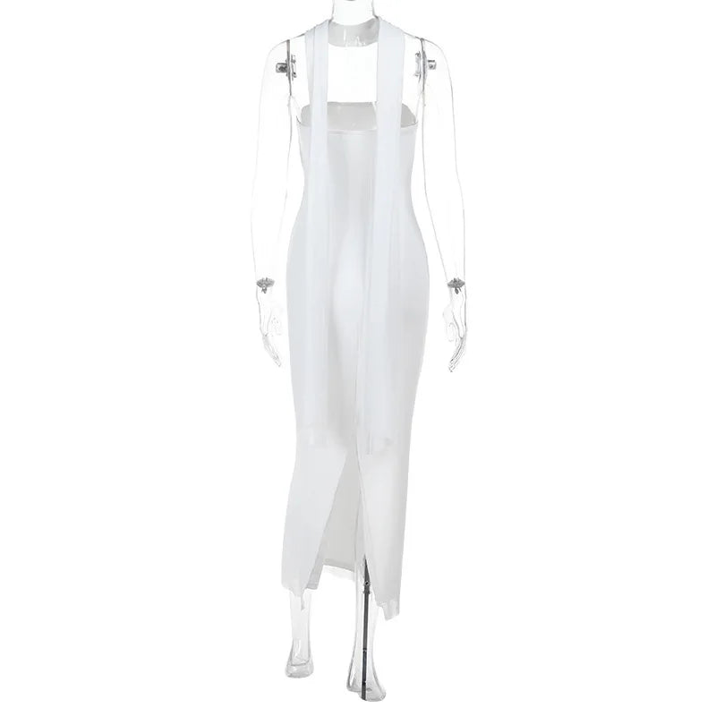 White Mesh Strapless Bodycon Dress | Elegant Floor-Length Gown with Neck Scarf
