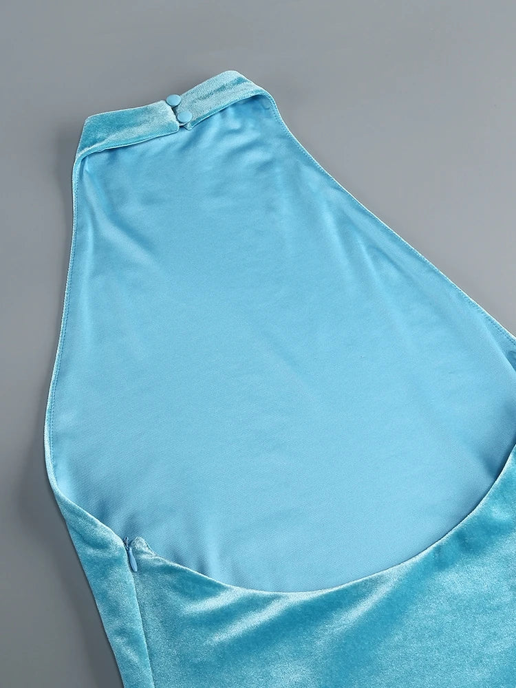 Blue Velvet Halter Fringe Gown with Braided Detail