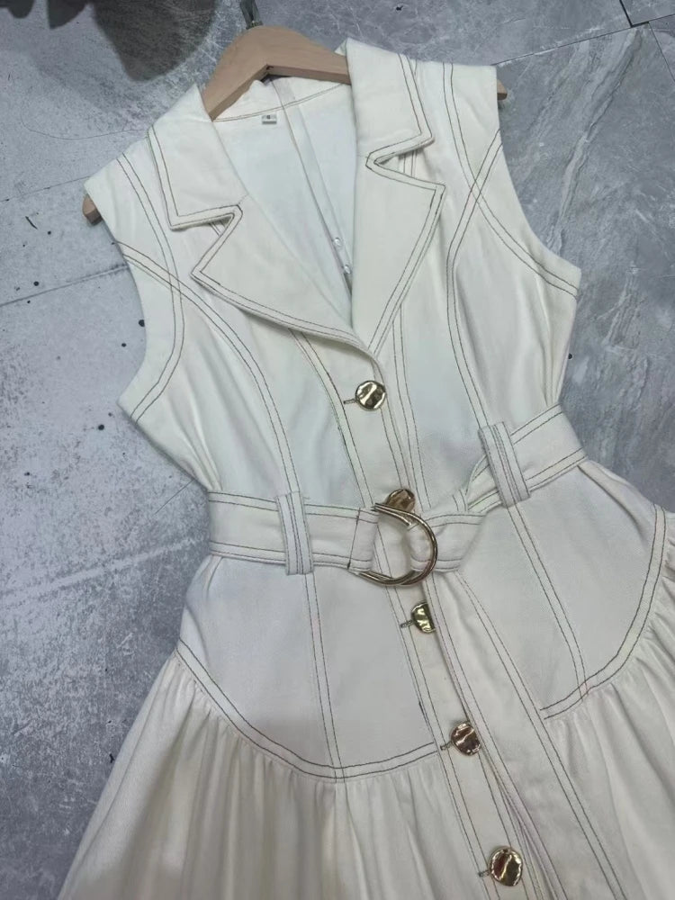 Sleeveless Navy Belted Midi Dress | Chic Gold Button Detail