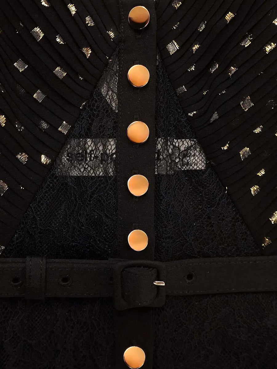 Pleated Sheer Cut-Out Buttoned Maxi Dress