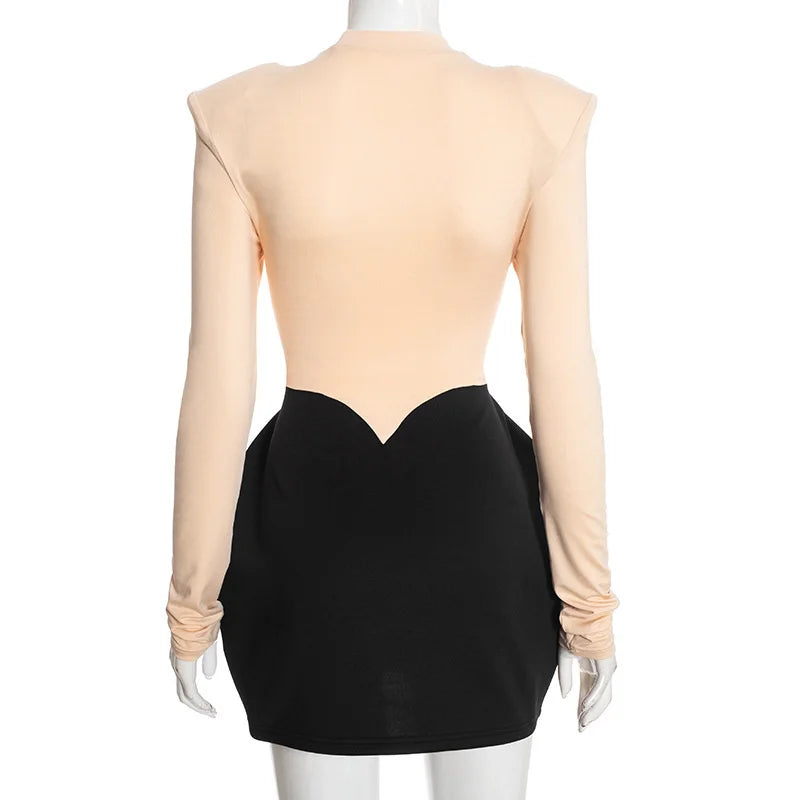 Contrast Cutout Mini Dress with Sculpted Long Sleeves