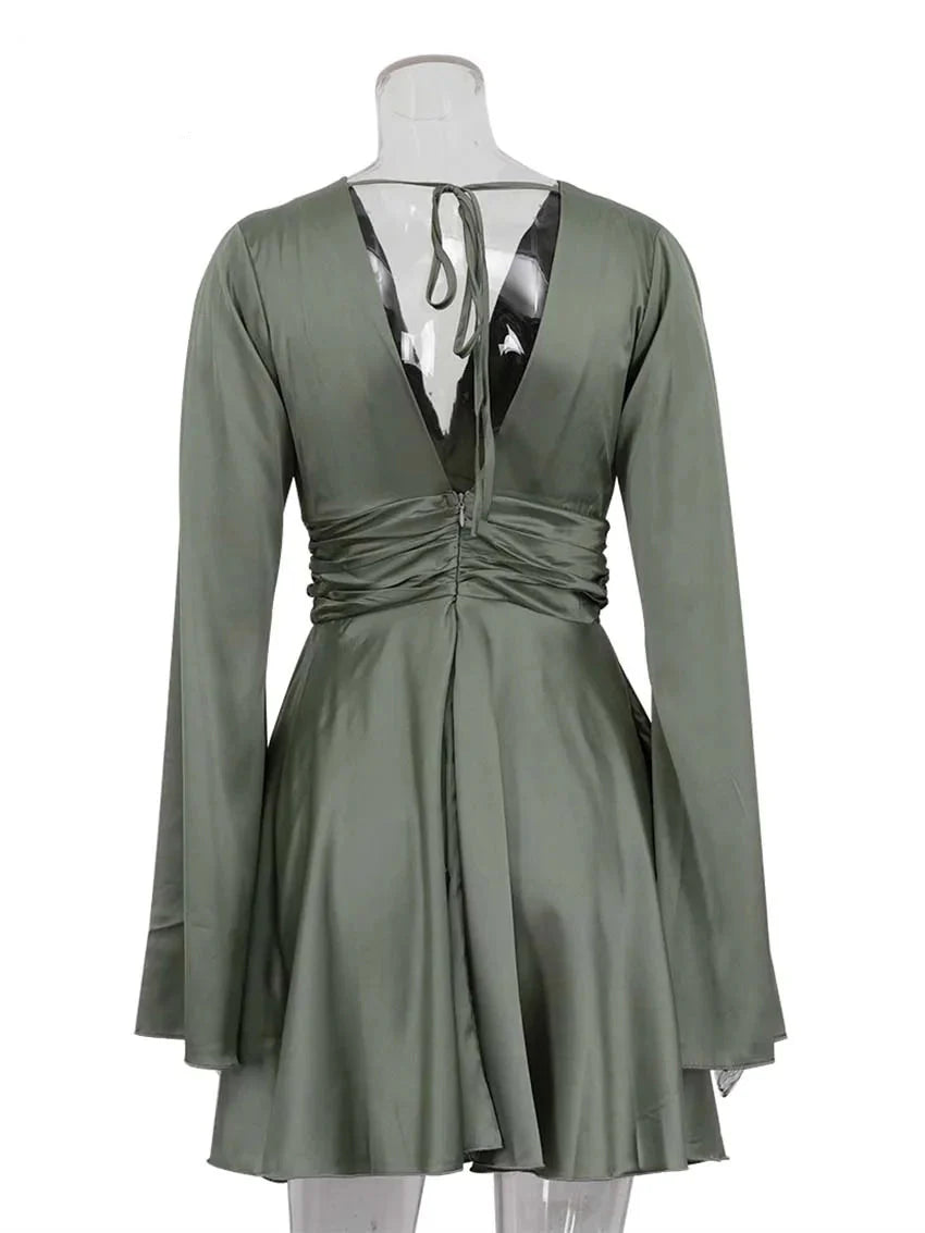 Elegant Green Satin V-Neck Pleated Mini Dress