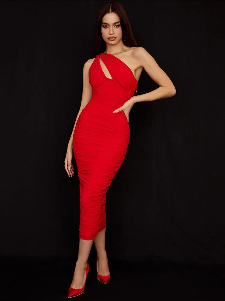 One-Shoulder Ruched Corset Midi Dress