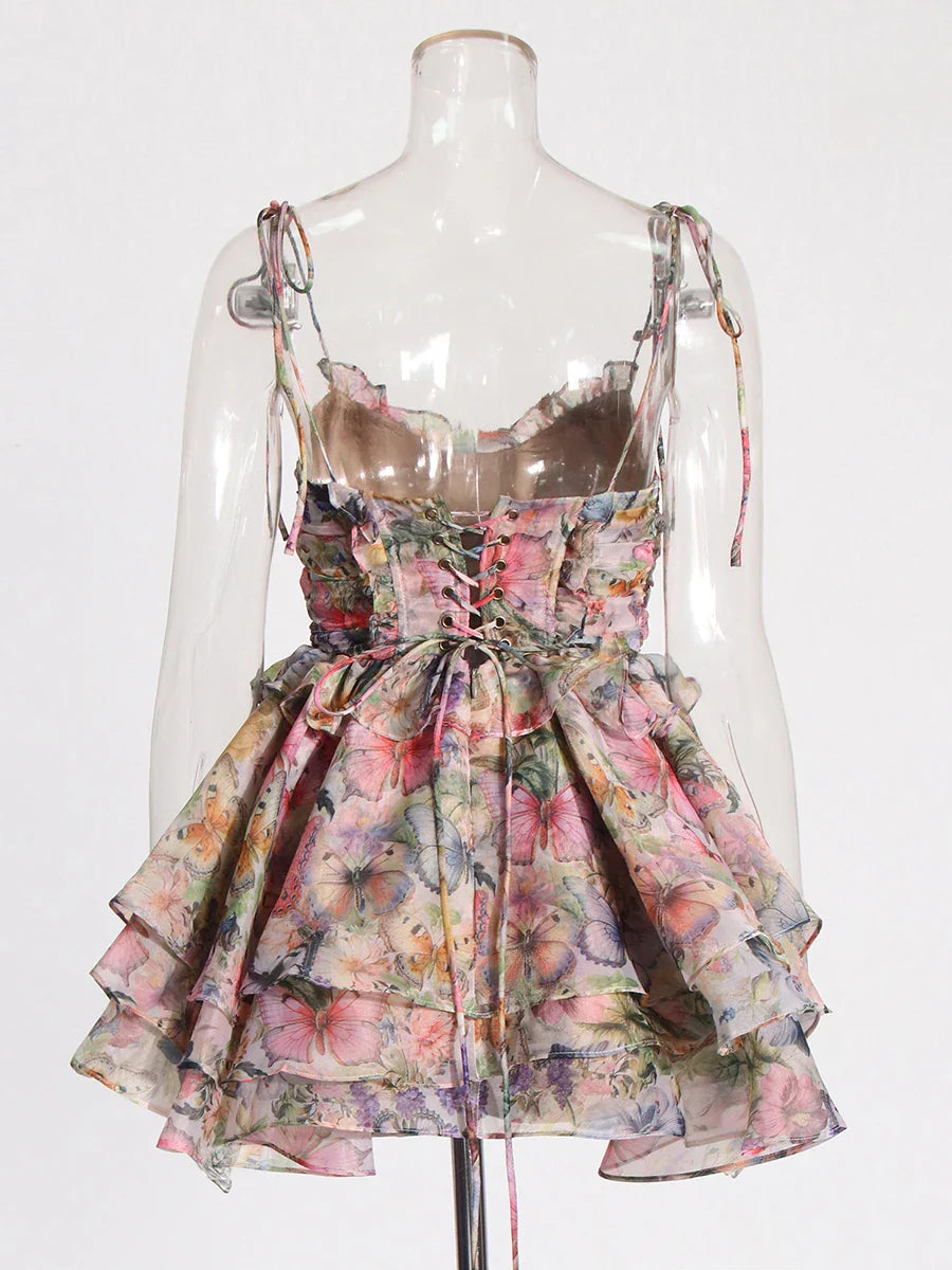 Printed Mini Dress - Square Neck Sleeveless A-Line