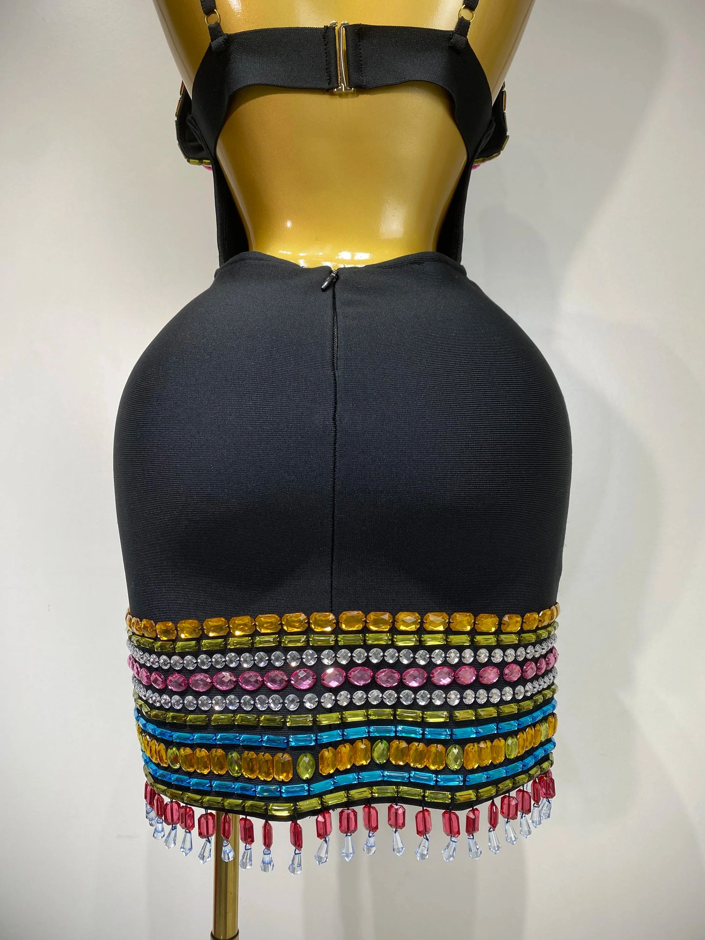 Black Sparkly Colorful Diamonds V-Neck Bodycon Mini Dress