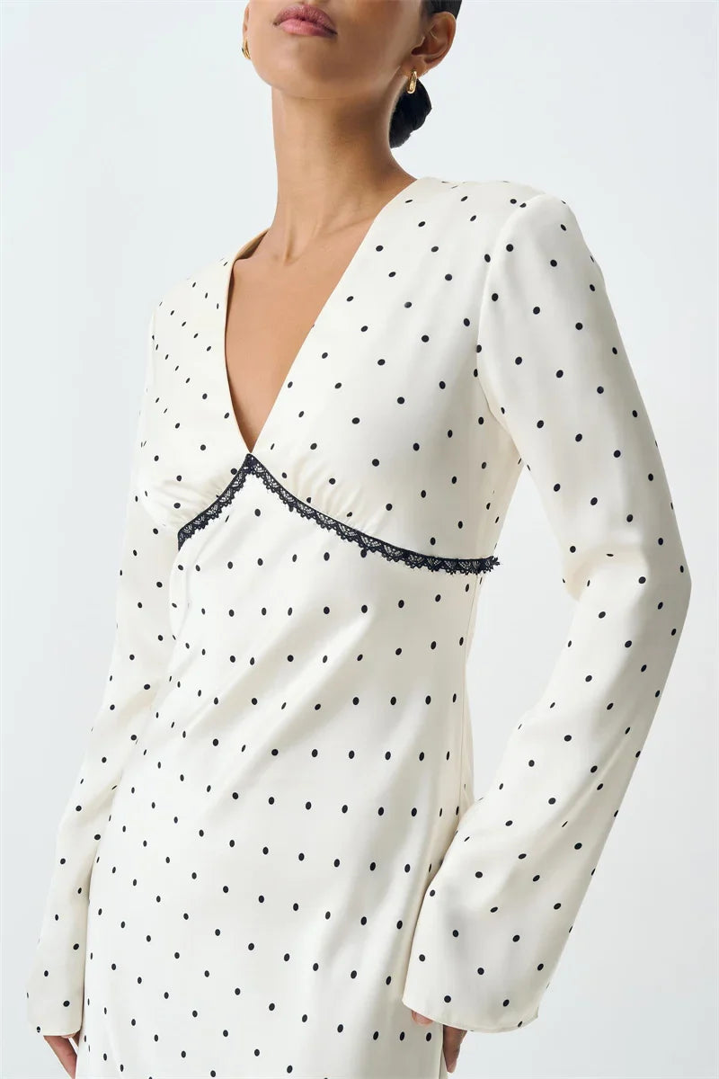 Satin Polka Dot Maxi Dress | V-Neck Bodycon Party Gown