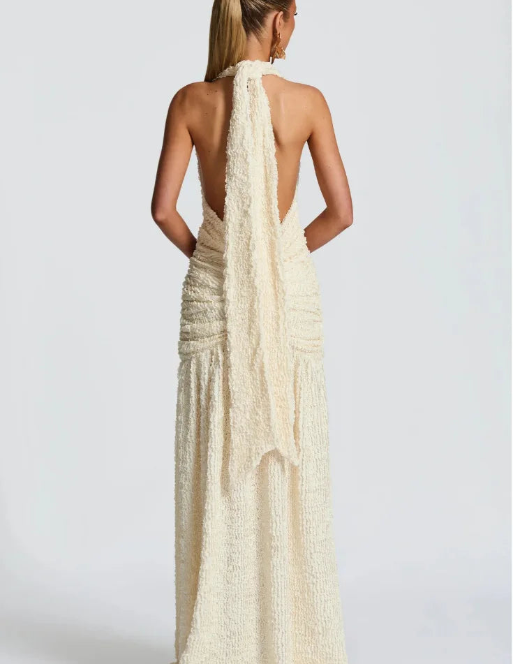 Textured Pleated Deep Halter Neck Maxi Dress