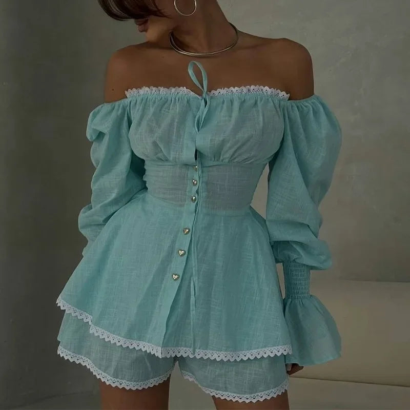 Light blue off-shoulder dress with lace details on a neutral background