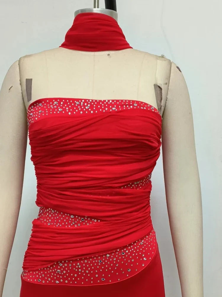 Red Satin Strapless Patchwork Gown with Draped Scarf Detail