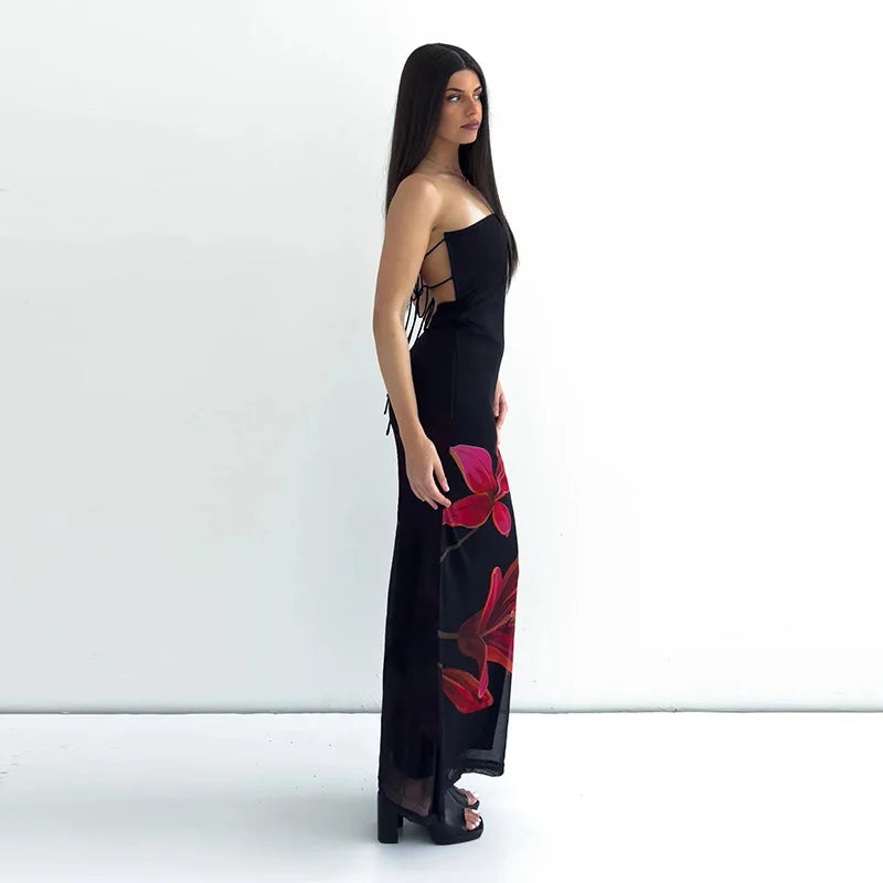 Black Floral Print Strapless Maxi Dress