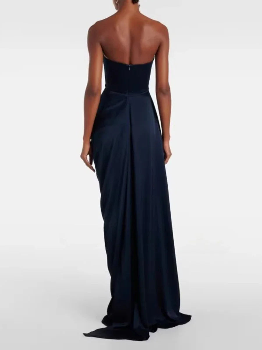 Blue Corset Drape Satin Maxi Dress