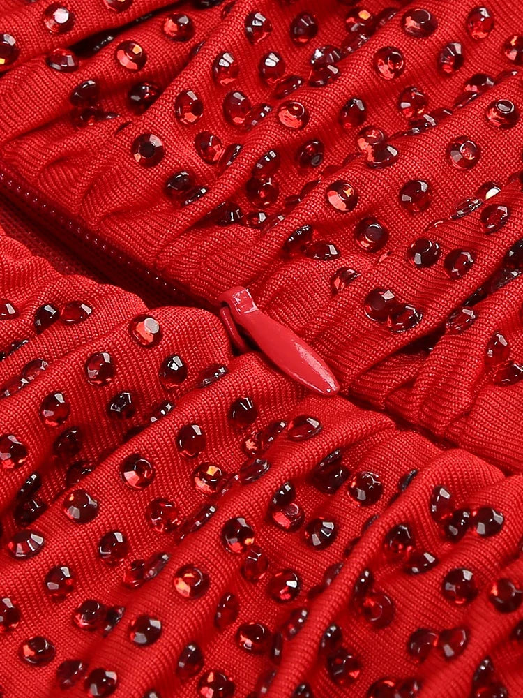 Red Mesh Ruched Rhinestone Gown with Sculpted Column Shape