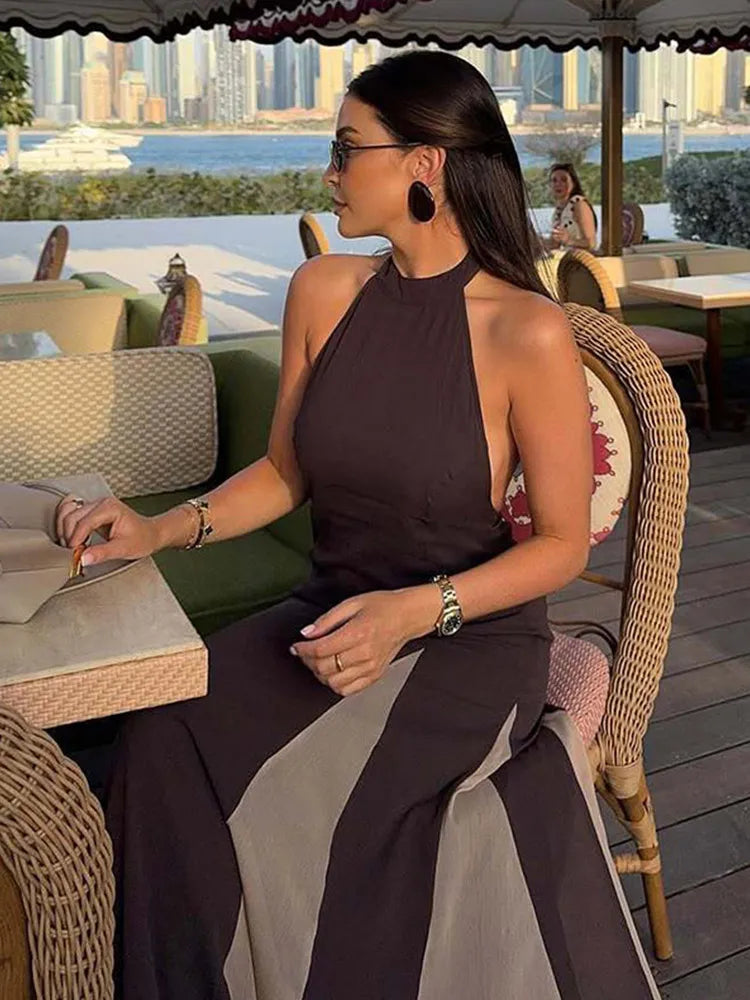 Brown Pleated Patchwork Halter Long Dress